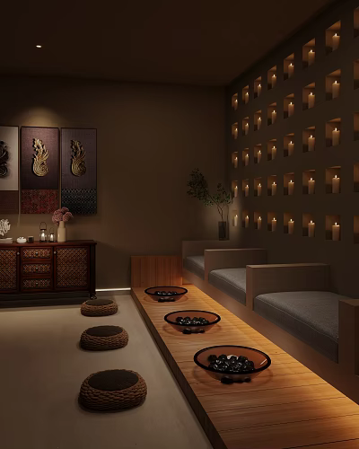 SPA Sauna Cozy Ambiance Featuring Decorative Paintings Wall Lights Bench Woven Mats And Wooden Table 3d model