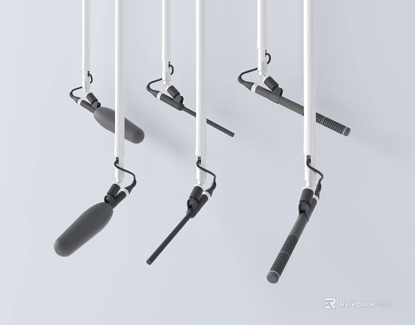 Contemporary Headphone Speaker Hanging Design With Multiple Gray Components And White Mounting Rods 3d model