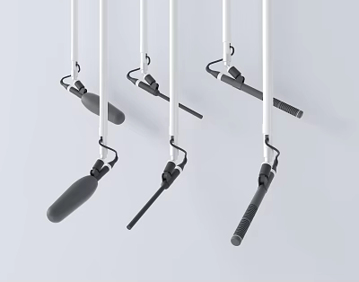 Contemporary Headphone Speaker Hanging Design With Multiple Gray Components And White Mounting Rods 3d model
