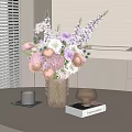 Decorative Ornament Set With Purple Pink White Flowers Beaded Vase Candle Holder On Table