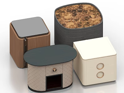 Different Styles Of Bedside Tables With Wooden Marble And Fabric Design Elements 3d model