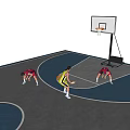 Indoor Basketball Court With Blue Gray Floor Players Practicing And Hoop Setup