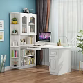 Wooden Home Office Desk With Computer Bookshelf Green Lamp And Potted Plant Decorations