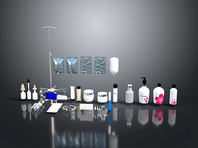 Essential Medical Supplies With IV Infusion Stand Bags Bottles And Tools 3d model