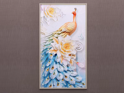 Detailed Colorful Peacock Animal Painting With Decorative Flowers And Feathers For Wall Decor 3d model