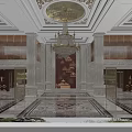 Luxurious Hotel Lobby Interior With Crystal Chandeliers Wooden Walls Fireplace And Elegant Sofas
