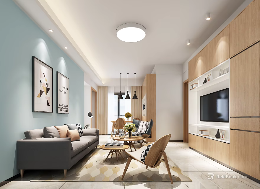 Modern Living Room With Light Blue Walls Gray Sofa Geometric Art And Wooden TV Wall 3d model 