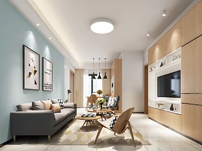 Modern Living Room With Light Blue Walls Gray Sofa Geometric Art And Wooden TV Wall 3d model