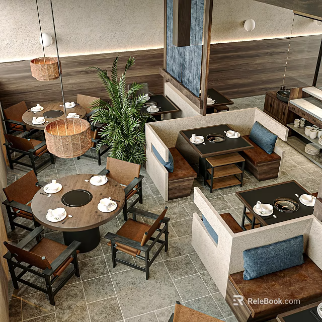 Cozy Restaurant Interior With Round Dining Tables Pendant Lights Green Plants And Booth Seating 3d model 