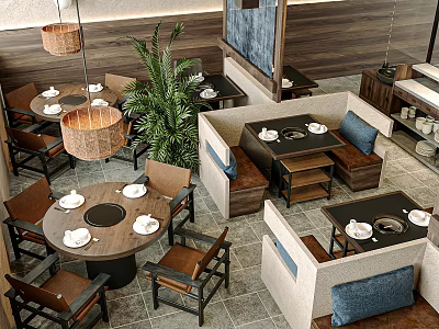 Cozy Restaurant Interior With Round Dining Tables Pendant Lights Green Plants And Booth Seating 3d model