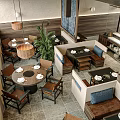 Cozy Restaurant Interior With Round Dining Tables Pendant Lights Green Plants And Booth Seating