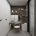 Modern Walk in Closet Interior With Glass Door Shelves Dressing Table Chair And Leather Bags