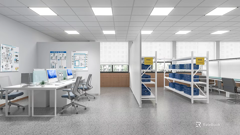 Modern Office Workspace With Desks Computers Chairs Blueprints Windows And Lighting 3d model 