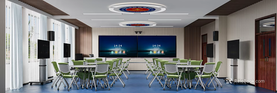 Modern School Classroom With Dual Screens Green Chairs And Desks 3d model 