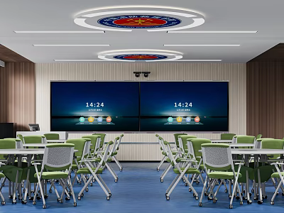 Modern School Classroom With Dual Screens Green Chairs And Desks 3d model