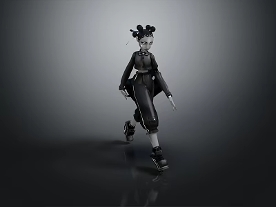 3D Game Movie Character With Black Outfit Unique Hairstyle And Dynamic Pose 3d model