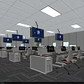 Open Plan Public Office Space With Multiple Workstations Ergonomic Chairs And Ceiling Mounted Monitors 3d model