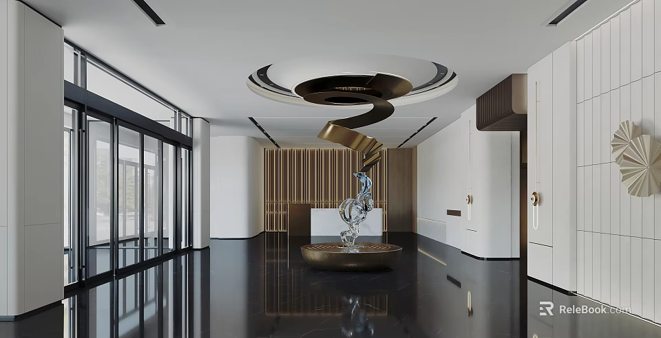 Modern Front Desk Reception Area With Marble Floor Art Sculpture And Circular Lighting 3d model 