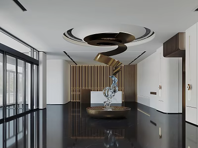 Modern Front Desk Reception Area With Marble Floor Art Sculpture And Circular Lighting 3d model