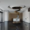 Modern Front Desk Reception Area With Marble Floor Art Sculpture And Circular Lighting