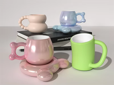 Colorful Ceramic Cups With Unique Handles And Matching Coasters On Books 3d model