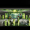 Indoor Event Venue With Green Decor Large Screen White Seats And Blue Dress Figure