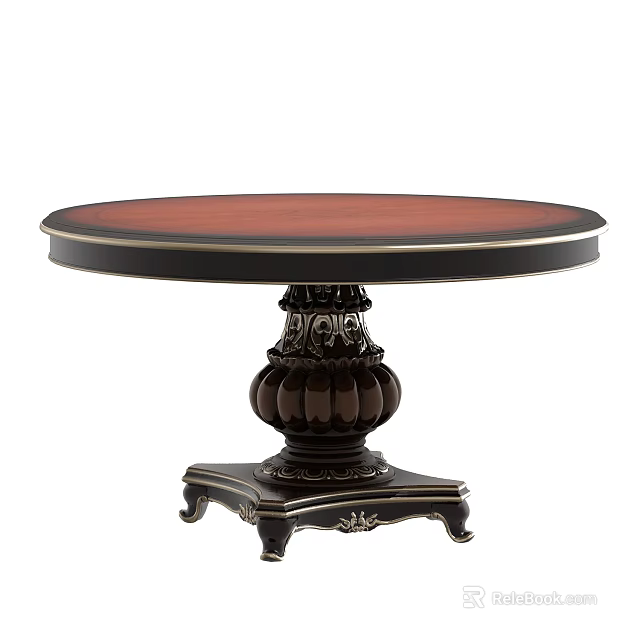 Round Dining Table With Red Tabletop And Ornate Black Wooden Pedestal Base 3d model