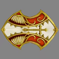 Red White Gold Decorative Ornament Set With Curved Patterns Fan Shaped Details And Cross Motif