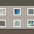 Modern Wall Art Display With Six Framed Artworks In Grid Arrangement