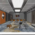 Modern Lounge Interior With Gray Sofa Orange Chairs Wooden Table And Patterned Carpet Lighting