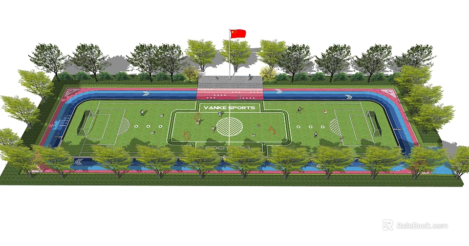 Football Field With Green Turf Running Track Surrounding Trees And Flag Design 3d model 