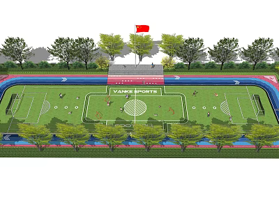 Football Field With Green Turf Running Track Surrounding Trees And Flag Design 3d model