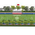 Football Field With Green Turf Running Track Surrounding Trees And Flag Design
