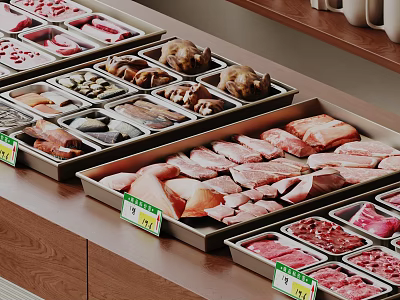 Various Raw Meat Cuts Displayed in Metal Trays with Price Tags on Wooden Counter 3d model