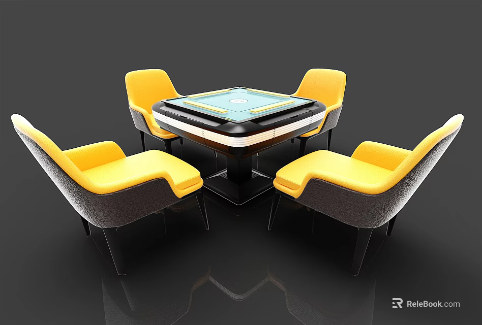 Modern Square Entertainment Table With Game Board And Four Yellow Upholstered Chairs 3d model 