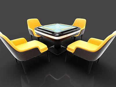 Modern Square Entertainment Table With Game Board And Four Yellow Upholstered Chairs 3d model