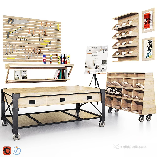 Commercial Equipment Featuring Tool Pegboard Workbench and Mobile Storage Racks for Workshops 3d model