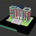 3D Pink Building Model With White Columns Black Roof Steps Green Shrubs On Black Base