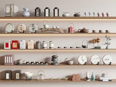 Traditional Tea Sets Display On Shelves With Teapots Teacups Ceramic Canisters Glass Infusers And Trays 3d model