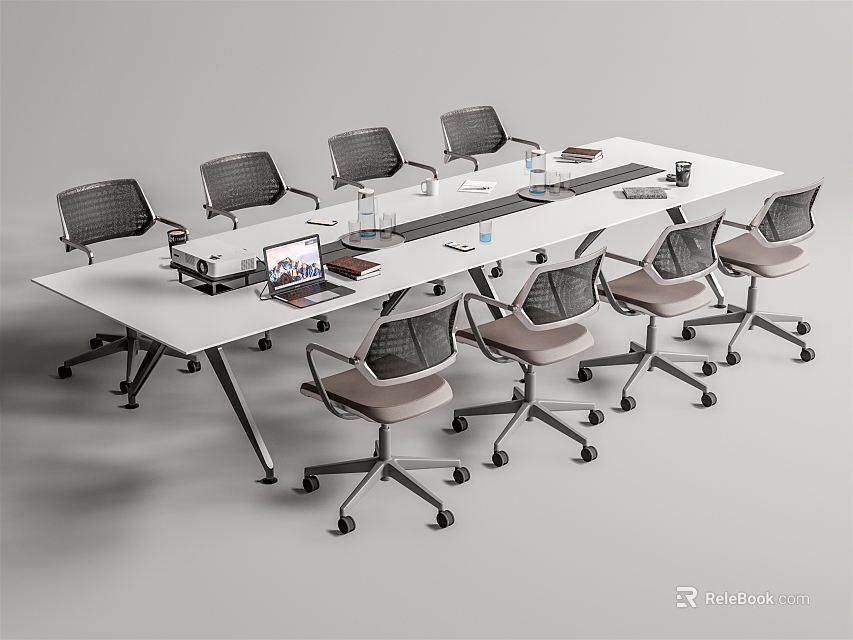 Modern Rectangular Conference Table With Ergonomic Chairs And Laptop On Surface 3d model 