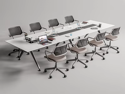 Modern Rectangular Conference Table With Ergonomic Chairs And Laptop On Surface 3d model