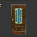 Wooden Front Door With Blue Glass Panel And Golden Decorative Frame