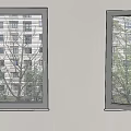 Window Blinds On Black Frame Windows With Gray Wall And Trees Outside View 3d model