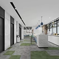 Modern Lounge Area Interior Design With Tables Chairs Blue Partitions And Green Plant
