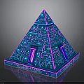Neon Purple Blue Pyramid Structure With Circuit Patterns And Reflective Base