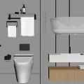 Modern Wall-Mounted Toilet in Contemporary Bathroom with Shower Sink Towel Rack Shelf and Wooden Cabinet