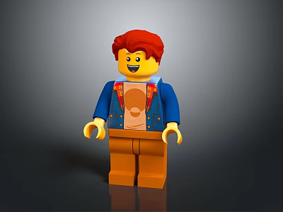 Lego Minifigure With Red Hair Smiling Face Blue Jacket And Orange Pants 3d model