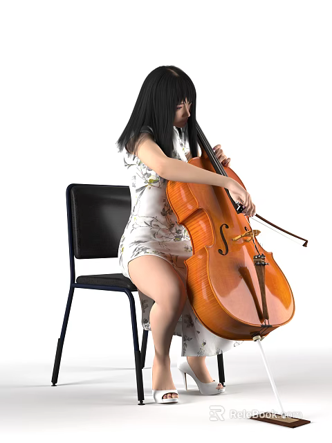 Woman In Floral Dress Playing Cello While Sitting On Black Chair 3d model 