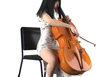 Woman In Floral Dress Playing Cello While Sitting On Black Chair 3d model
