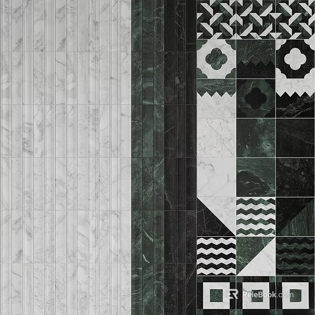 Marble Tile Components With White Striped Dark Green Textures And Geometric Patterns For Design 3d model